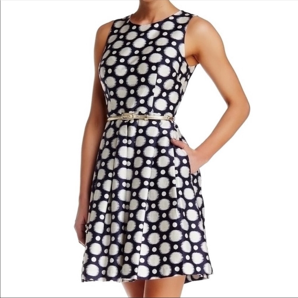 Eliza J Polka Dot Faille Fit & Flare Dress Blue